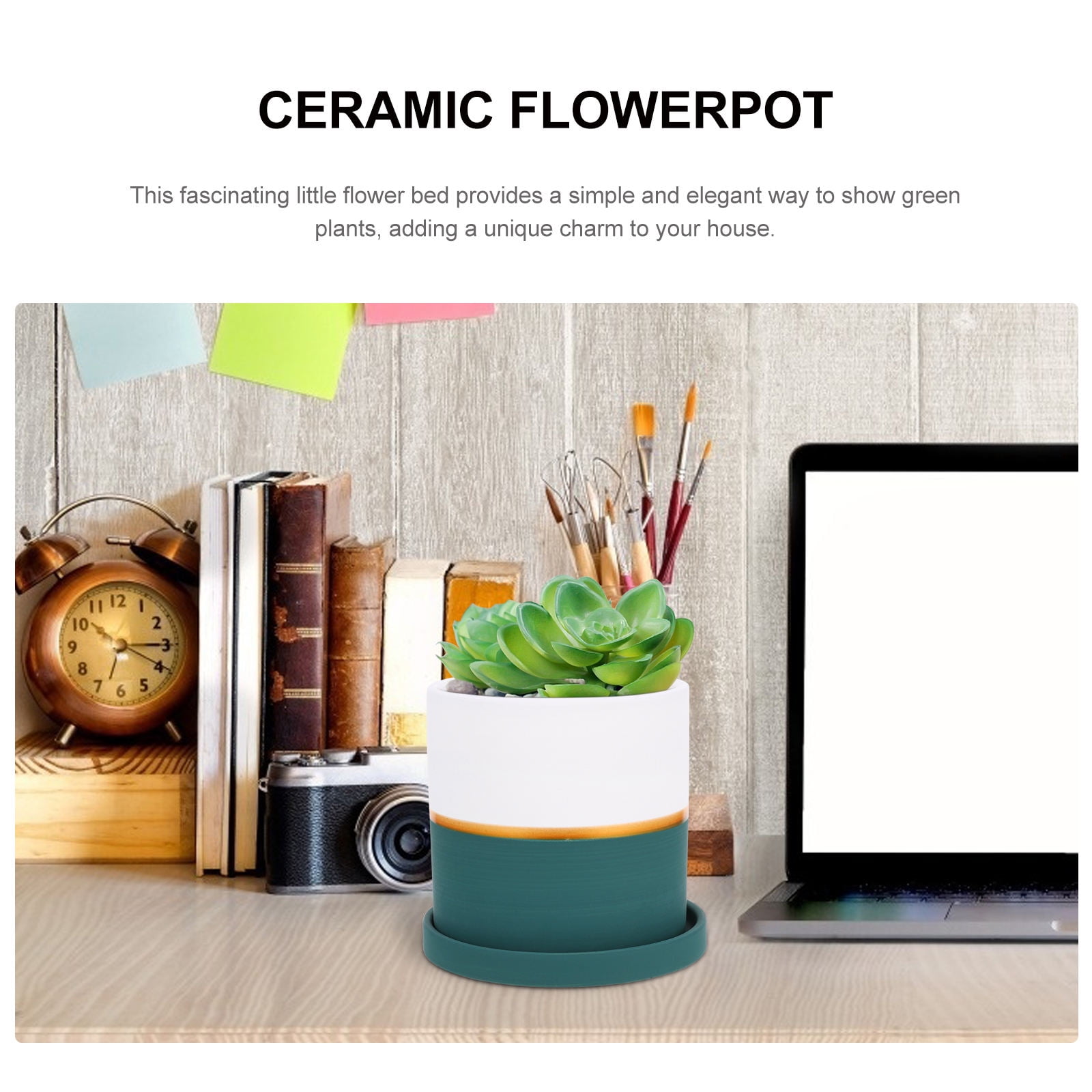 SKISUNO Green Ceramic Succulent Plant Pot with Tray for Flower Planting and Home Decoration