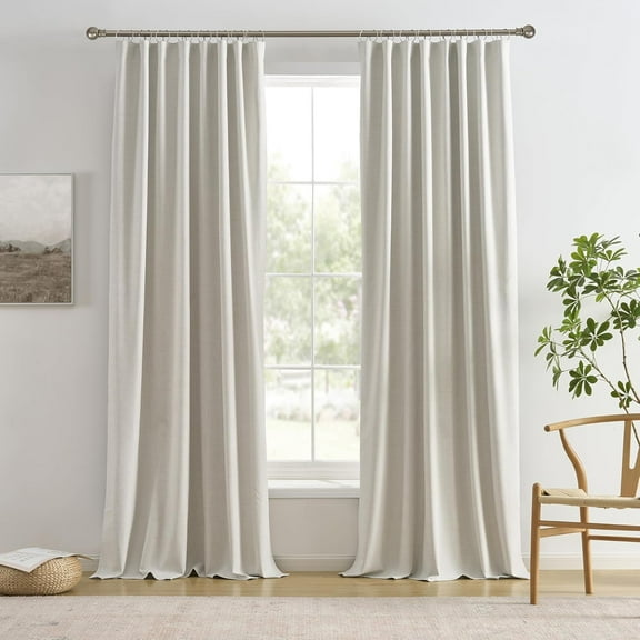 Full Blackout Curtains 98 Inch Long 2 Panels Set Neutral Linen Window Drapes for Bedroom Living Room Thermal Insulated Natural Birch Ivory Pleated/Back Tab with Hooks