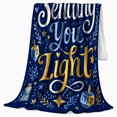 thumbnail image 2 of Sending You Light Quote with Menorah Candles and Dreidels, Blue Gold Hanukkah Typography Art, Wrapped Box Motif Cozy Flannel Blanket, Housewarming Gift for Living Room Home Decor, 2 of 9