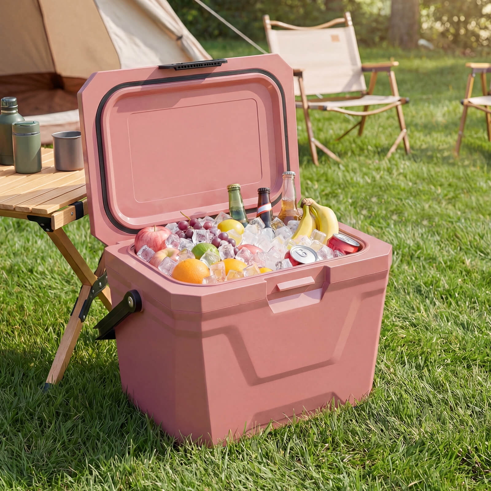 Costway 21 QT Insulated Portable Cooler, Hard Shell Ice Chest with 2 Cup Holders Pink