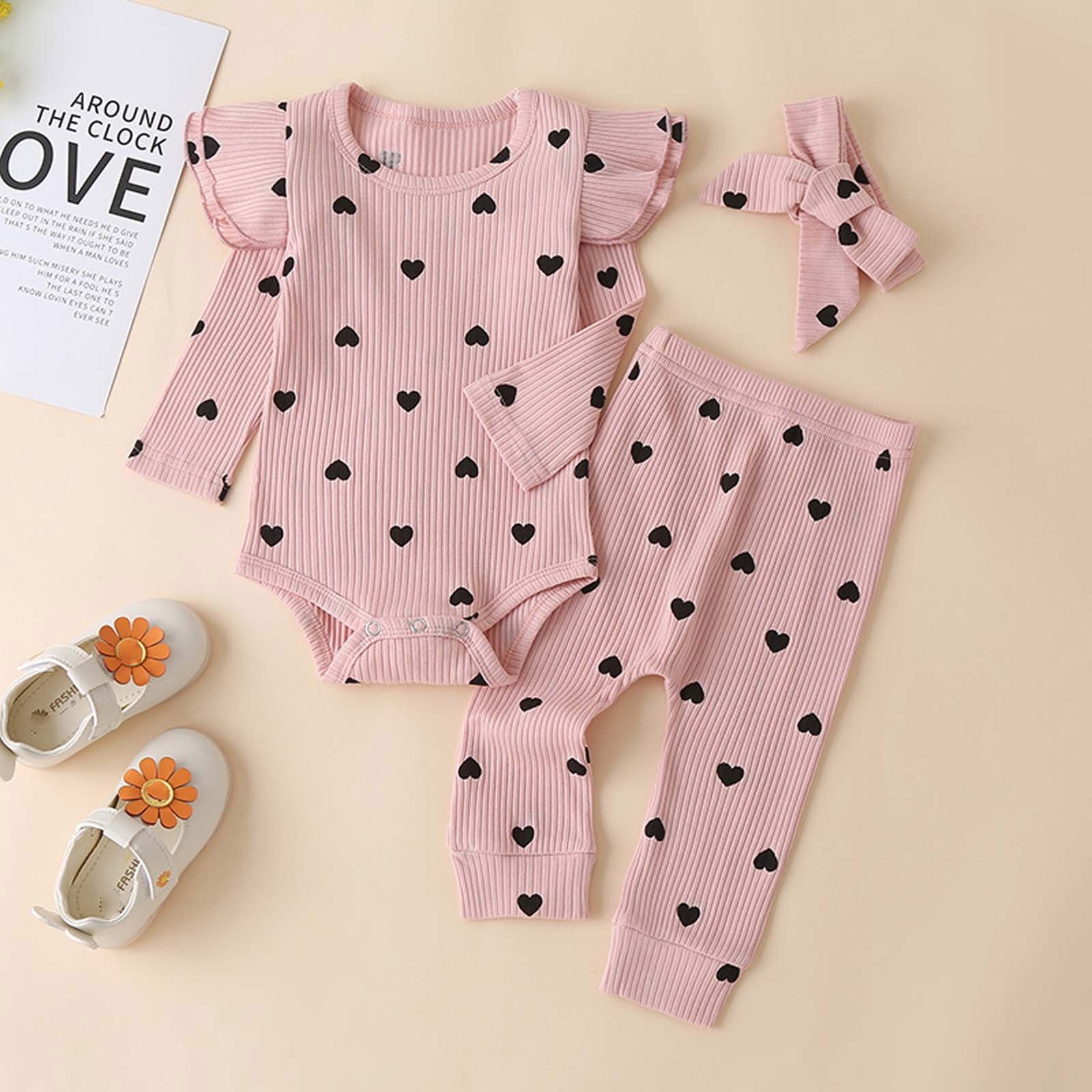 Newborn Baby Girl Clothes Ruffle Long Sleeve Romper Tops Pants Headband Infant Cute Heart Print Fall Outfits