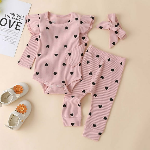 Lilgiuy Newborn Baby Girl Christmas Outfit Heart Print Long Sleeve Crewneck Onesie Elastic Bottom Pant Set with Bow Headband Infant Girl Winter Clothes Pink(0-18M)