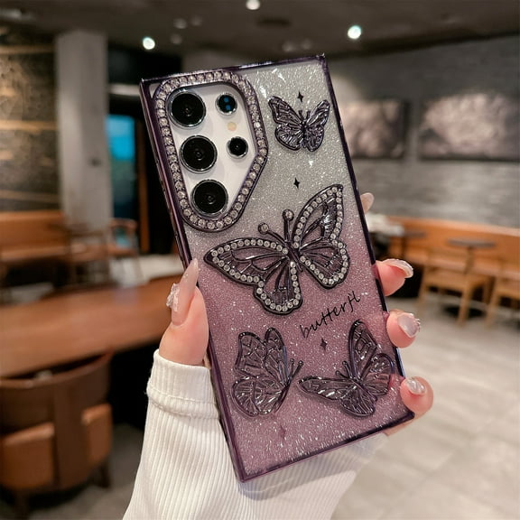 Designed for Samsung Galaxy S24 FE Phone Case,Luxury Diamond Butterfly Design,Cute Gradient Glitter Bling Diamond Rhinestone Sparkly Cover,Shockproof Anti-Scratch Electroplated Phone Case,Purple