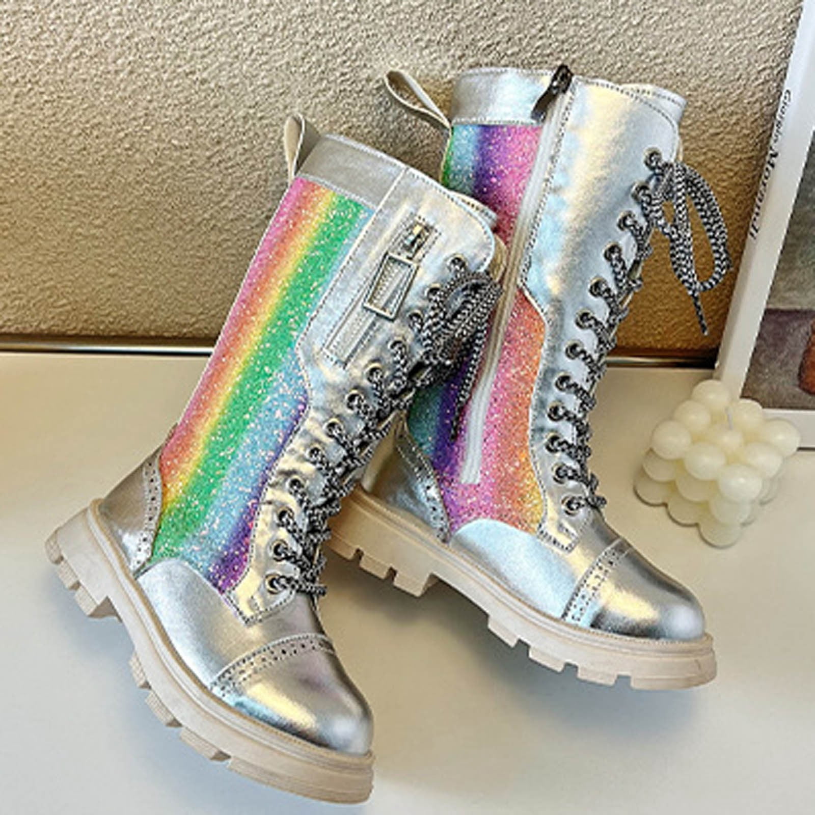 Spazoro Girls Knee High Boots, Lace Up Rainbow Glitter Side Zipper
