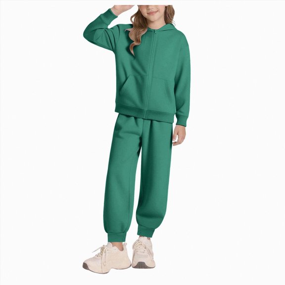 Ulanda Girls Boys 2 Piece Tracksuit Athletic Sweatsuits Sets Full Zip Hooded Sweatshirt and Jogger Sweatpants Clothing Sets for Kid (Green, 5-6 Years)