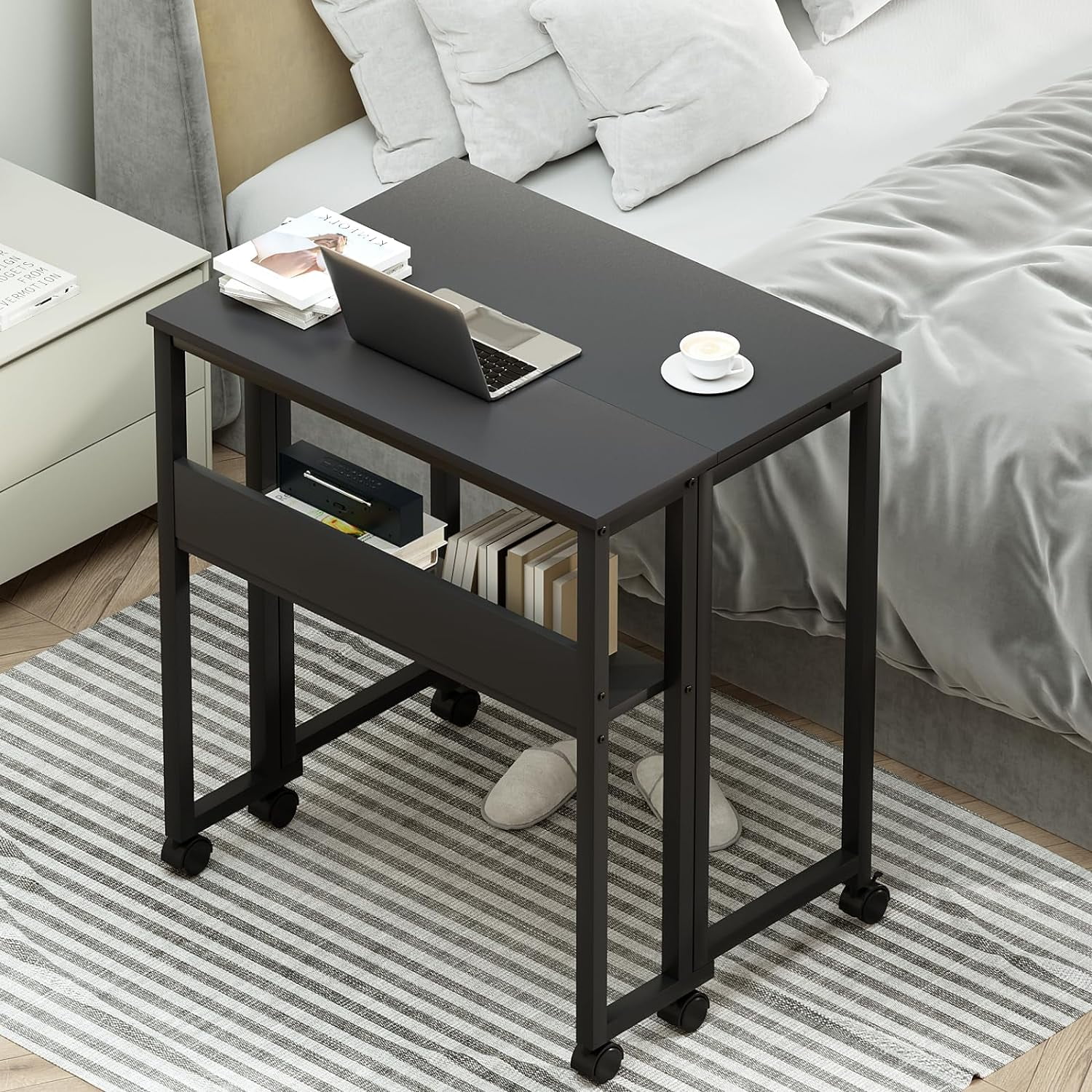 Folding Desk Small Rolling Desk with Storage Shelf,24.8 inch Foldable Computer Desk with Wheels for Small Space,Easy Assembly,Black
