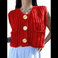 thumbnail image 1 of Cárdigan Corto de Punto Sin Mangas para Mujer 2025, Suéter Informal de Crochet con Botones y Bolsillos Gran Rojo S, 1 of 10