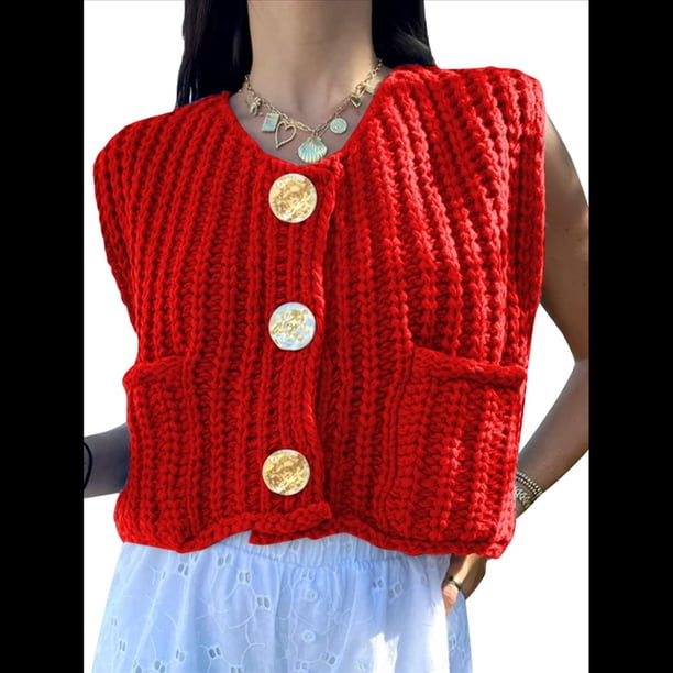 Cárdigan Corto de Punto Sin Mangas para Mujer 2025, Suéter Informal de Crochet con Botones y Bolsillos Gran Rojo L