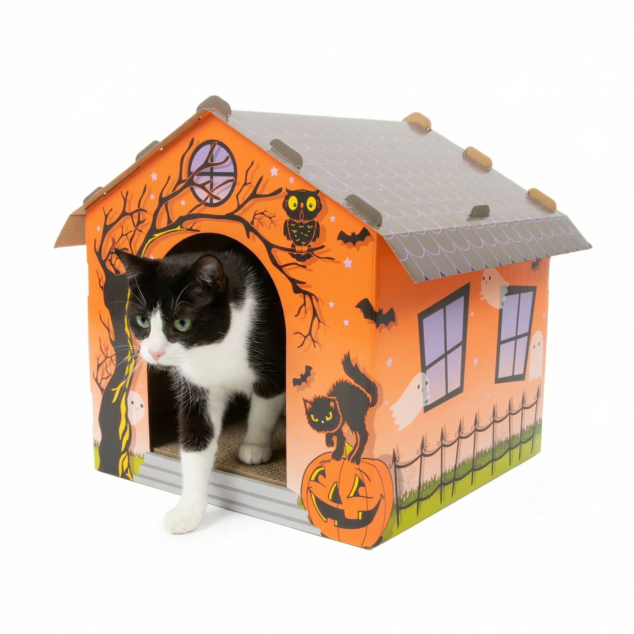 Kitty City Halloween Haunted Indoor Cat Scratcher House, Orange, One Size