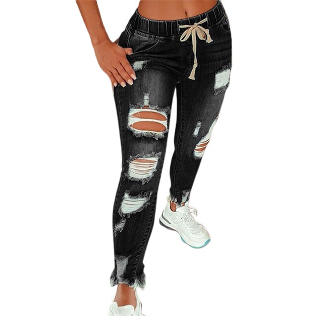 Fairnull Women Jeans Ripped Hole Stretchy Summer Slim-fitting All Match Denim Pants for Daily Wear