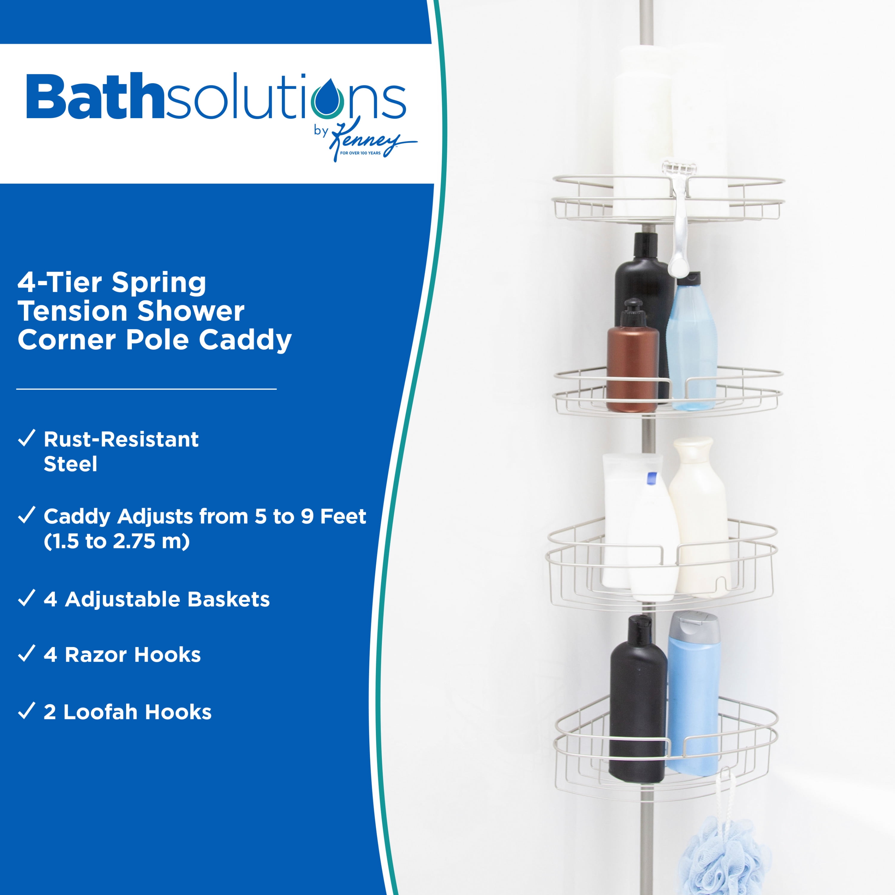 Kenney® 4-Tier Spring Tension Shower Corner Pole Caddy with Razor Holder, Satin Nickel