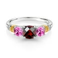 thumbnail image 2 of Gem Stone King 925 Silver and 10K Yellow Gold Red Garnet and Pink Created Sapphire and Diamond 3-Stone Ring for Women (1.67 Cttw, January Birthstone, Cushion Checkerboard 6MM and 4MM, Size 9), 2 of 3