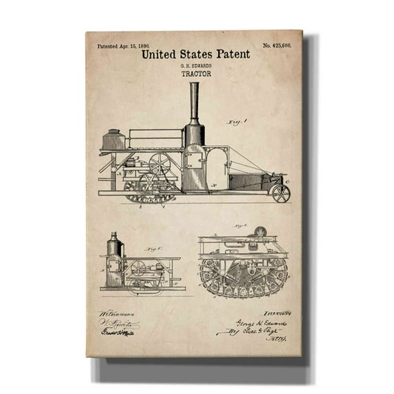 Epic Graffiti "Tractor Blueprint Patent Parchment" Giclee Canvas Wall Art, 12"x18"