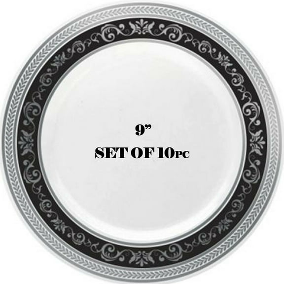 Fancy Royal Disposable Plastic Dinner Plate 9" Black Silver Set of 10piece (Pack of 10pc)