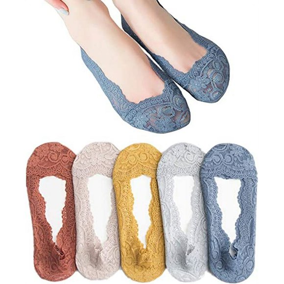 NvziCalcetines invisibles de encaje para mujer, de corte bajo, planos, invisibles, con agarre en el talón, antideslizantes, para verano, 5 unidades, multicolor