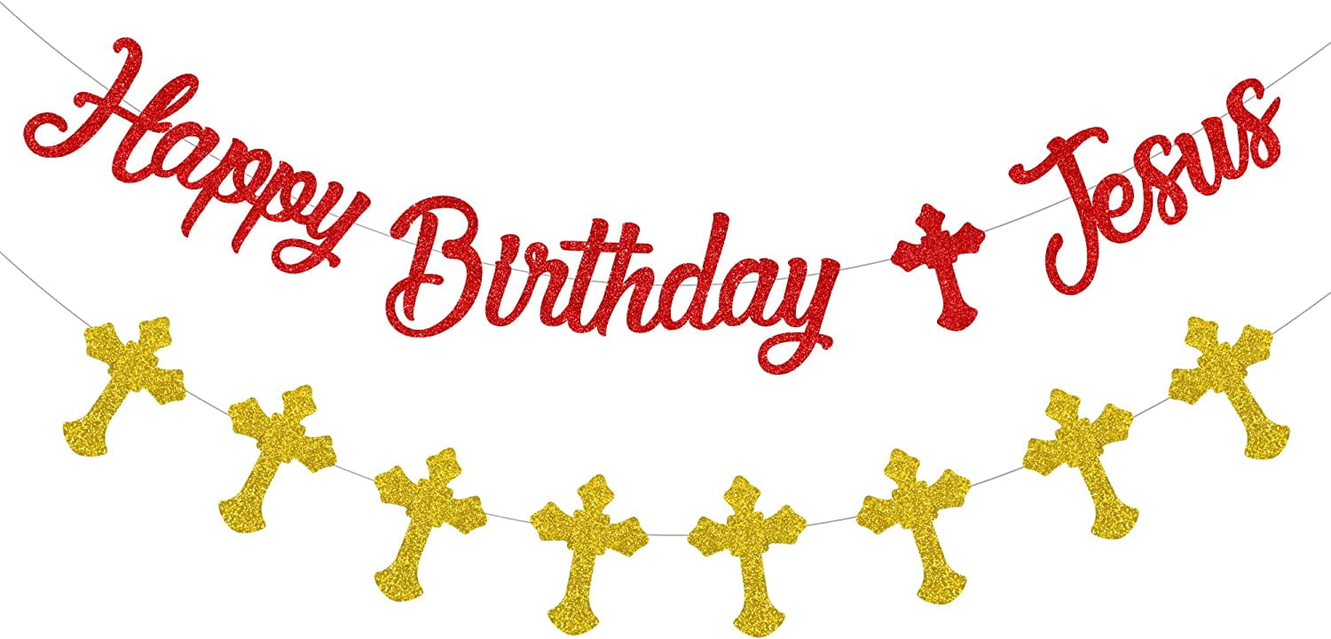 Glitter Happy Birthday Jesus Banner & Cross Garland Party Decorations