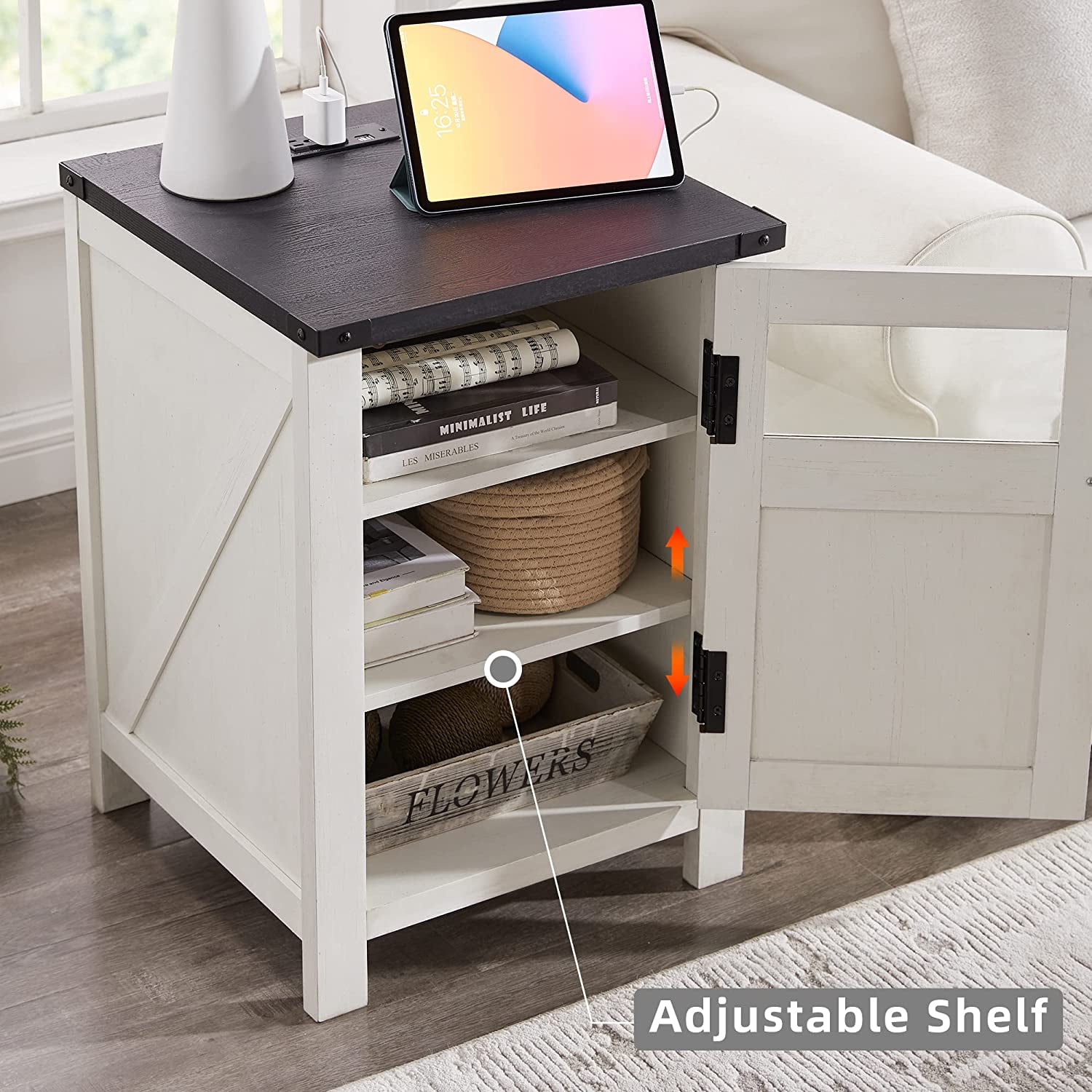 T4TREAM Farmhouse 3-Tier End Table with Charging Station, 18'' Rustic Nightstand with Barn Door for Living Room, Bedroom, Off White