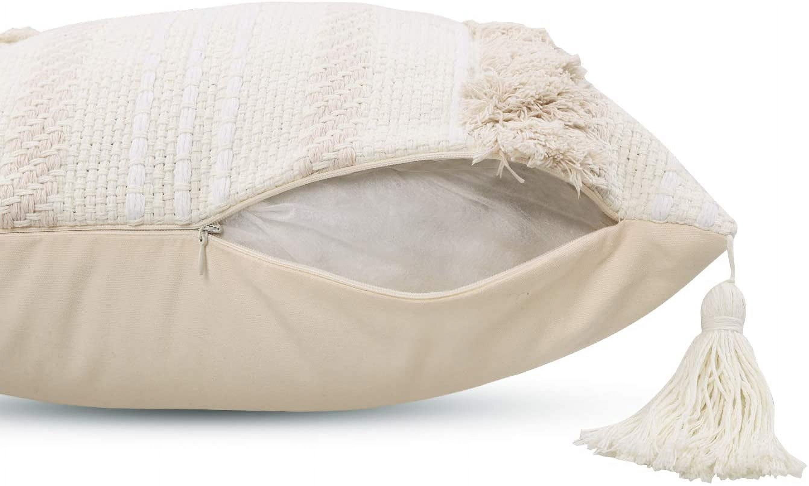Boho Decorative Throw Pillow Cover, 20 x 20 Farmhouse Cute Pillowcase Minimalist Neutral Collection Cream White Tufted with Tassels Woven Square Cushion Cover for Sofa Couch Bedroom Living Room,1pc