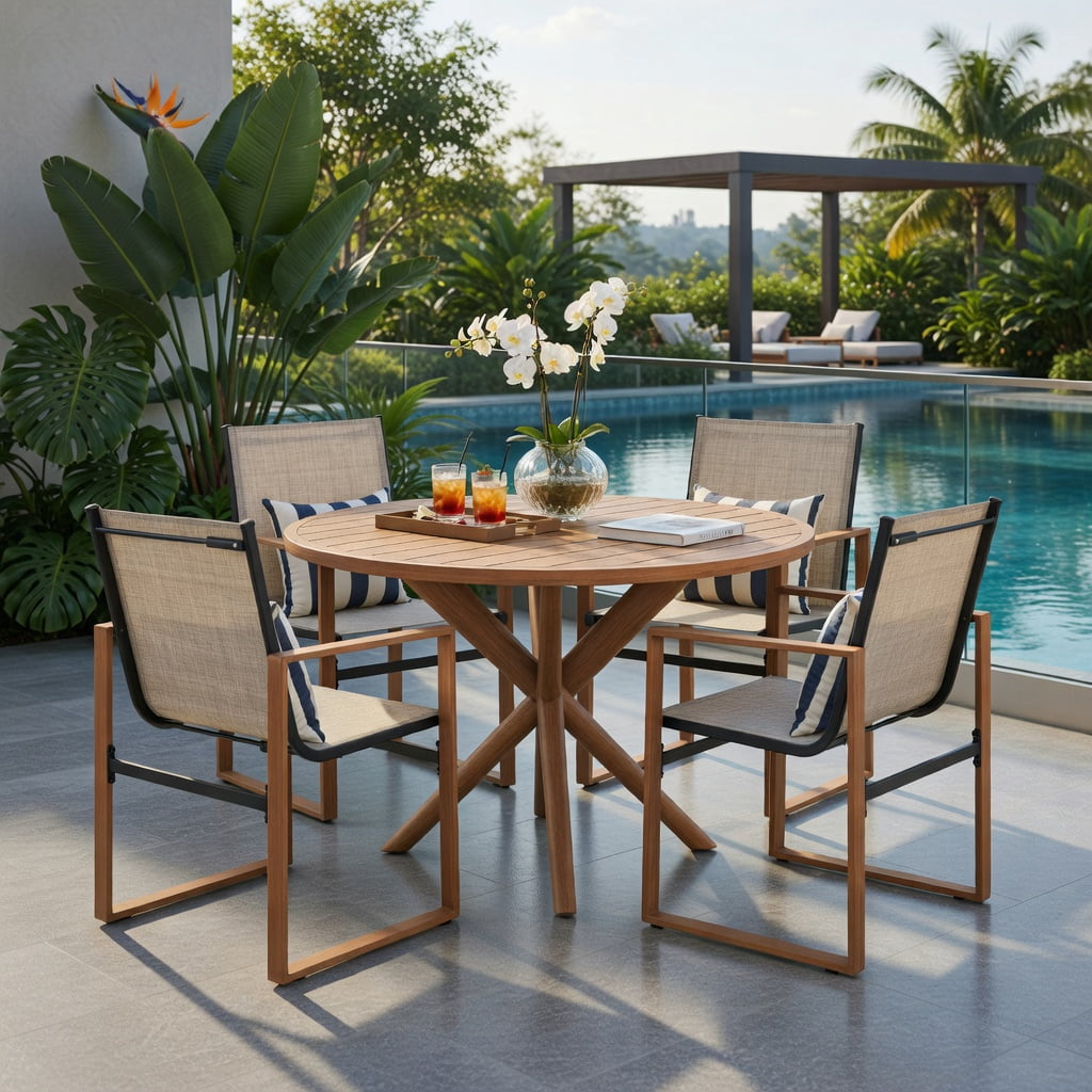 Hommoo 2-Pack Outdoor Patio Dining Chairs, Breathable Fabric Seat & Back, Rust-Resistant Wood-Grain Armrests, Heavy-Duty Metal Frame, Brown