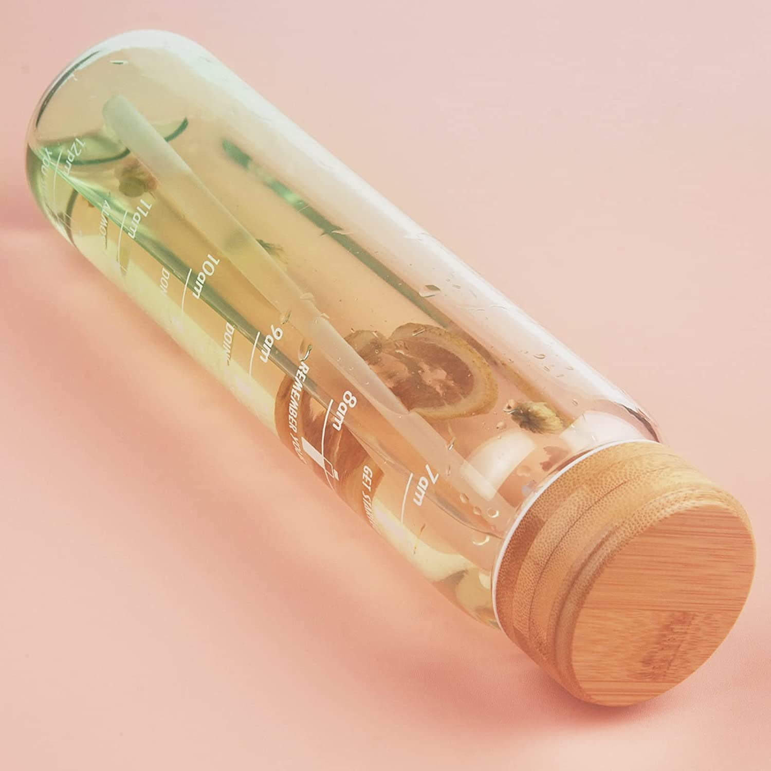 1000ml 1 Litre Glass Water Bottle Straw Time Marker Gradient Green Sleeve
