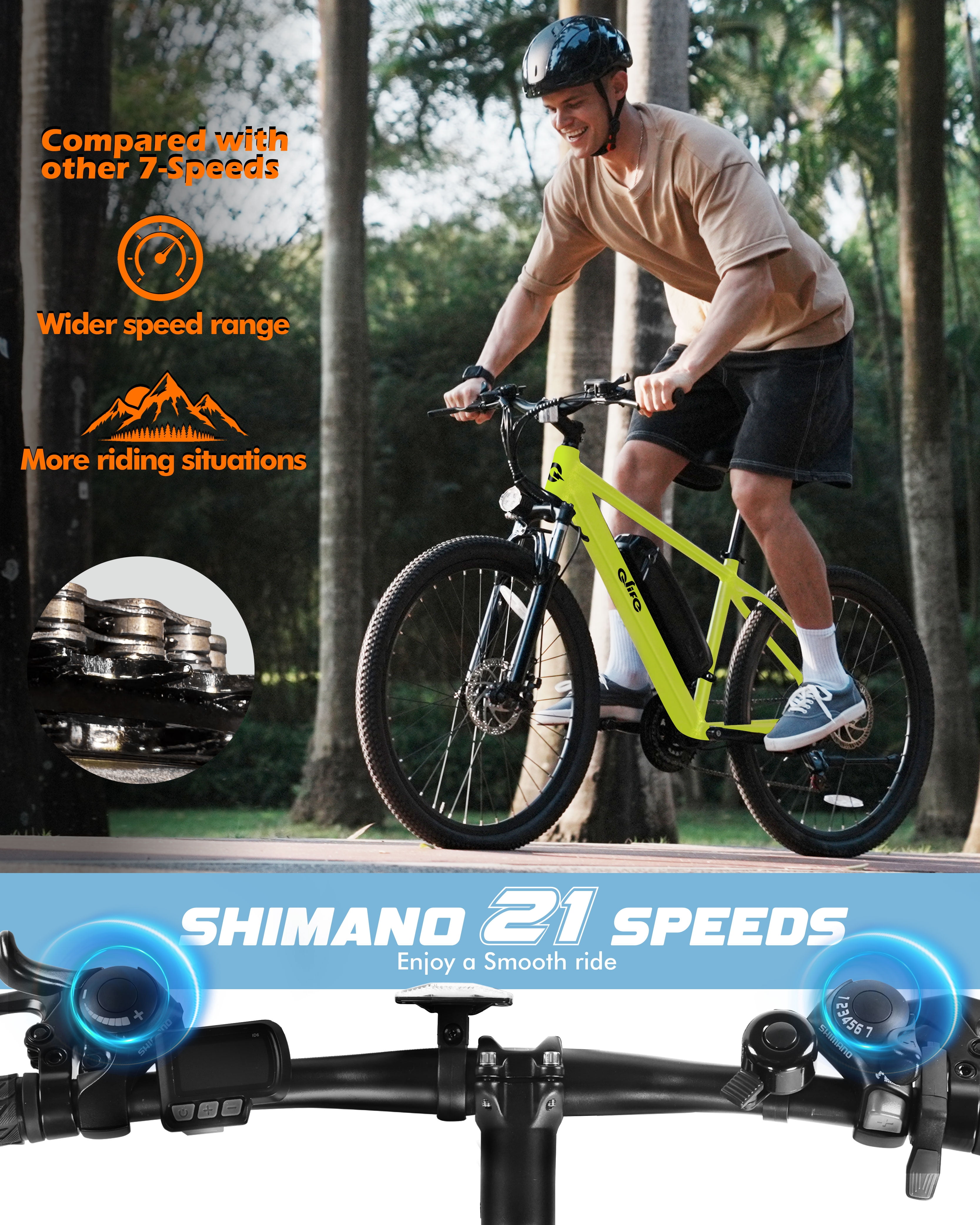 Qlife Racer Electric Bicycle for Adults, 21-Speed Mountain Ebike with Peak 1200W 28MPH Brushless Motor, 48V10.4Ah , 27.5X2.1 Tire,Green