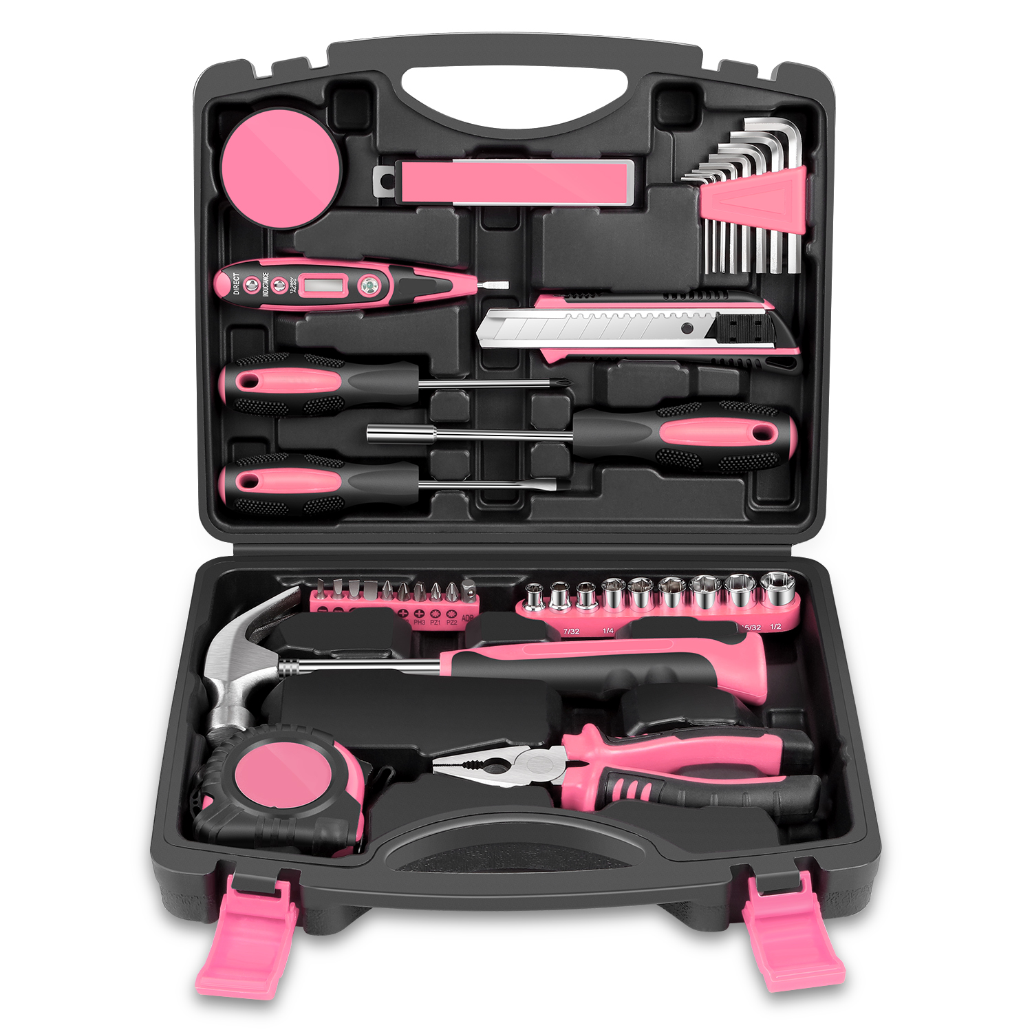 46 Pcs Portable Hand Tool Set Electronic Repair Precision Screwdriver Voltage Tester Hammer Plier DIY Kit Pink