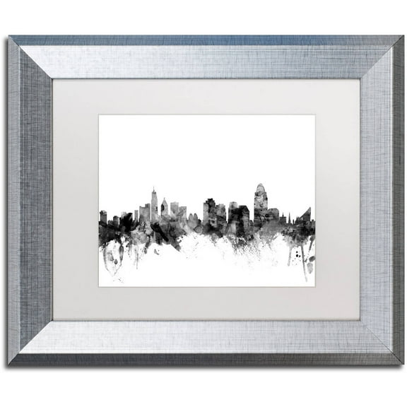 Trademark Fine Art "Cincinnati Ohio Skyline B&W" Canvas Art by Michael Tompsett, White Matte, Silver Frame