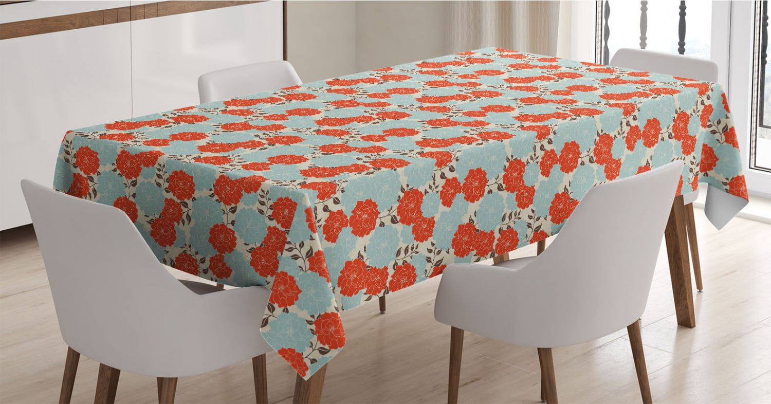 Simplistic Foliage Silhouettes Illustration with Botanical Themes Ambesonne Floral Tablecloth Cadet Blue Coral 60 X 84 Rectangle Satin Table Cover Accent for Dining Room and Kitchen 