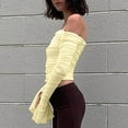 thumbnail image 5 of JGGSPWM Womens Mesh Chiffon Crop Tops Off The Shoulder Slim Fit Tshirt Tee Shirts Tunic Solid Long Sleeve Tops Y2k Blouse Pullover Yellow M, 5 of 9