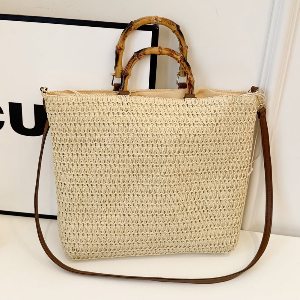 Women Straw Woven Handbag with Bamboo Handle Tote Clutch Bags for Seaside(Beige) Shoulder Bags for Women