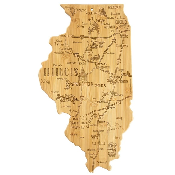 Totally Bamboo Destination Illinois State Shaped Serving and Cutting Board, Includes Hang Tie for Wall Display
