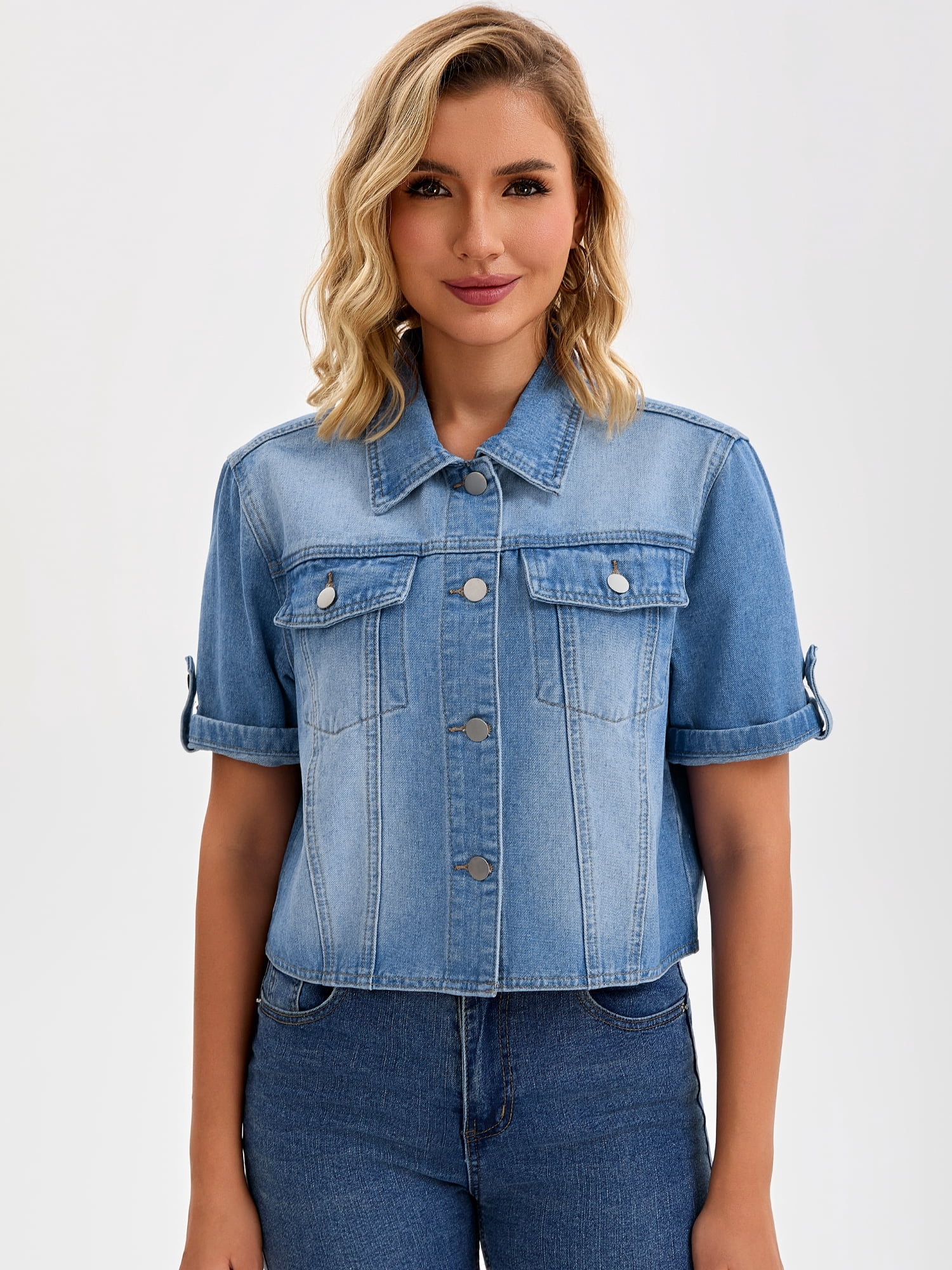 DARING DIVA Women's Short Sleeve Denim Collared Button Up Cropped Jean Jacket M Blue
