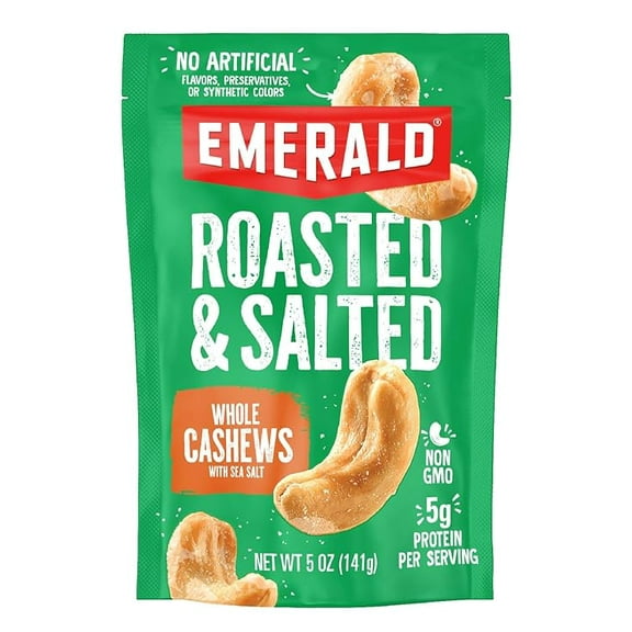 Emerald Nuts Roasted and Salted Whole Cashews (1-Pack), 5oz Resealable Bag, Kosher Certified, Non-GMO, Contains No Artificial Preservatives, Flavors or Synthetic Colors( Pack of 2 )