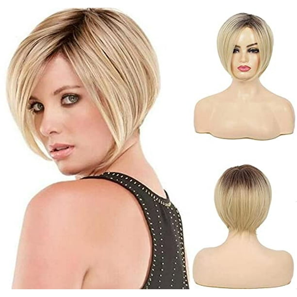 Ombre Blonde Short Straight Bob Wig Dark Roots Side Bangs