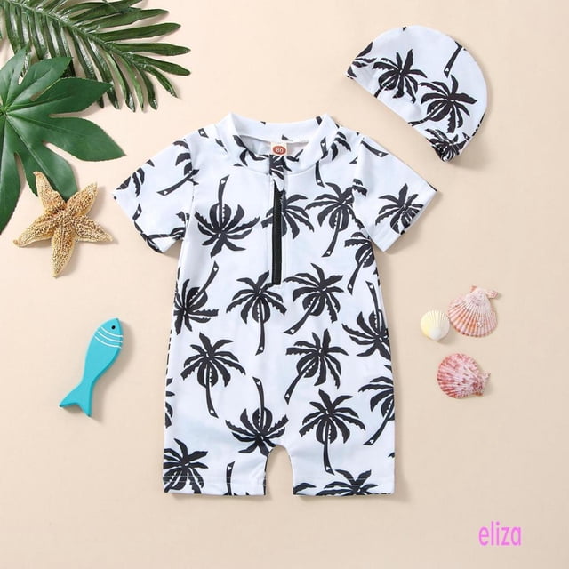 Eliza-0-18 Meses 2pcs Niño Bebé Niños Trajes De Baño Con Sombreros De Sol Árboles Impreso Manga Corta Cremallera Pijama