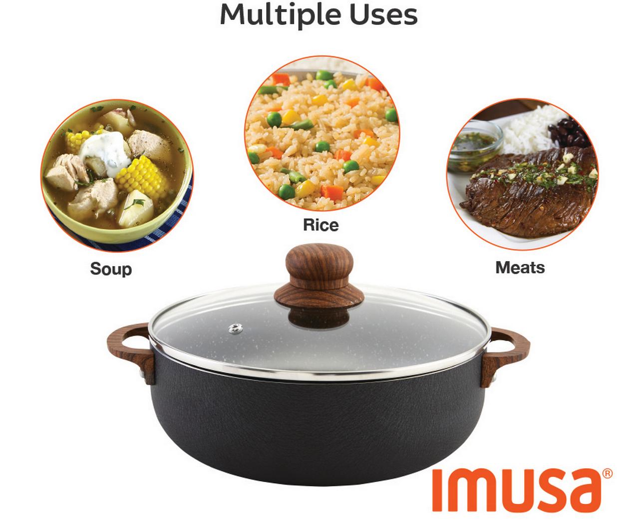 IMUSA 13.5qt Black Stone Aluminum Speckled Nonstick Caldero with Glass Lid & Wood Look Handles, Black