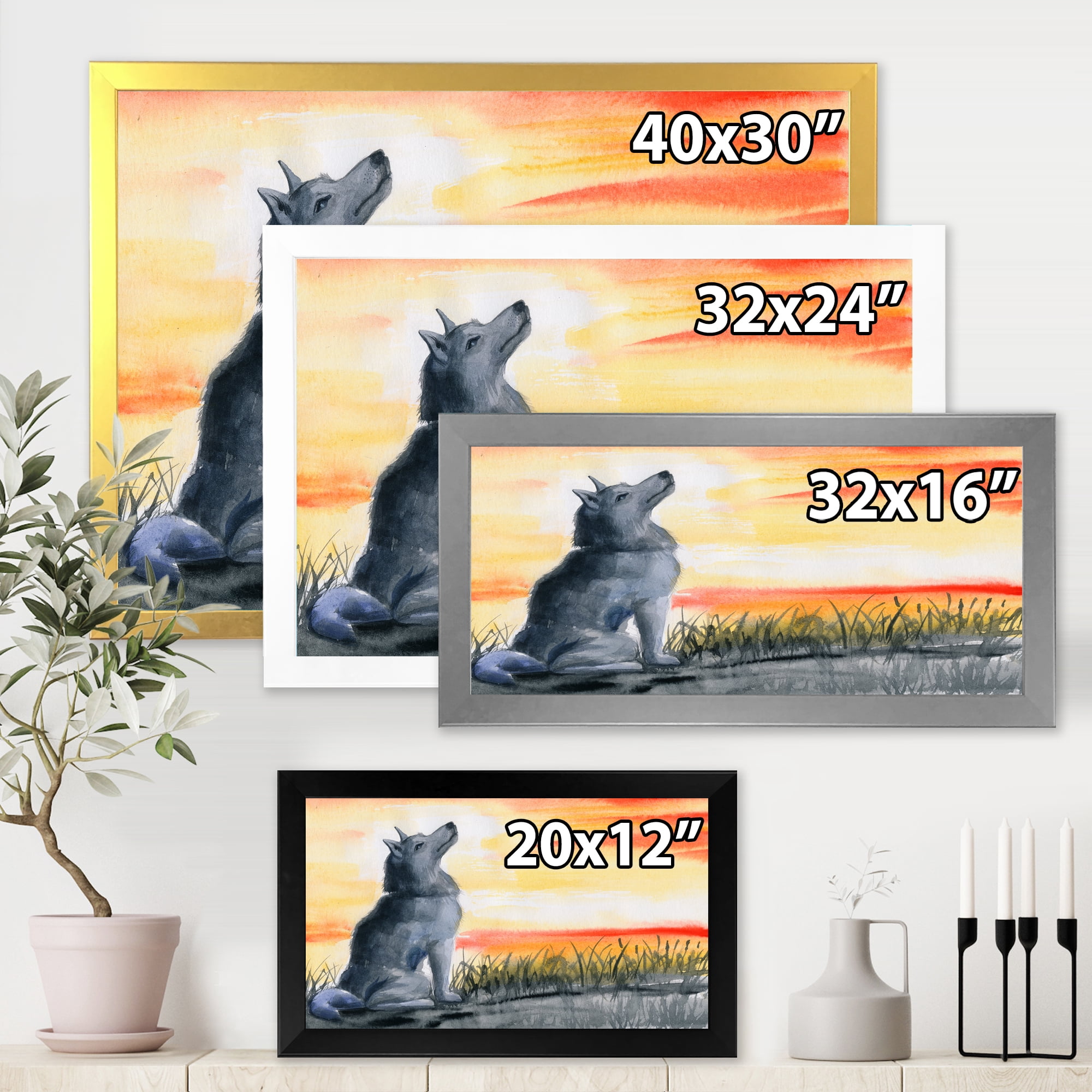 Designart 'Portrait Of Grey Wolf Howling At The Moon' Traditional Framed Art Print