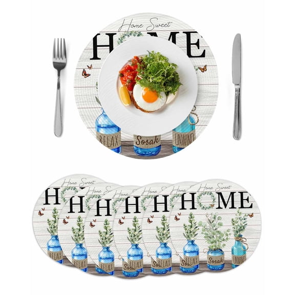 Round Woven Placemats set of 6, Retro Farmhouse Washable&Heat Resistant Plastic Wipeable Placemats for Round Table Eucalyptus Leaves Home Sweet Home Kitchen Dining Table Decor, 13in, Green Ivory