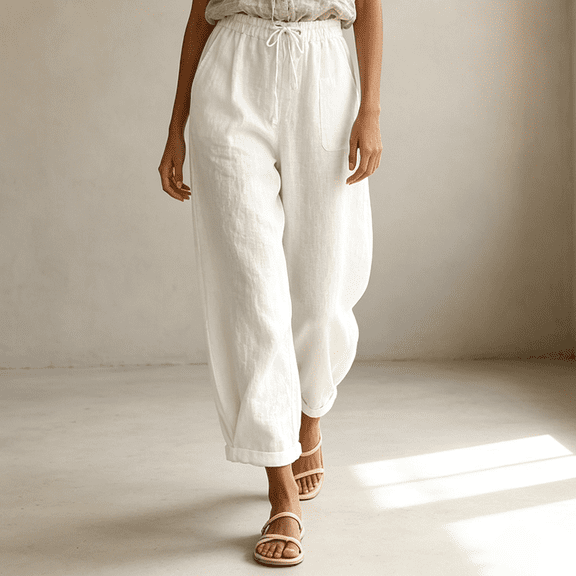 Morttic Women's Solid Color Crinkle Jogger Pants – Elastic Drawstring High Waist Pockets Cropped Cuff Casual Vacation Trousers White,S