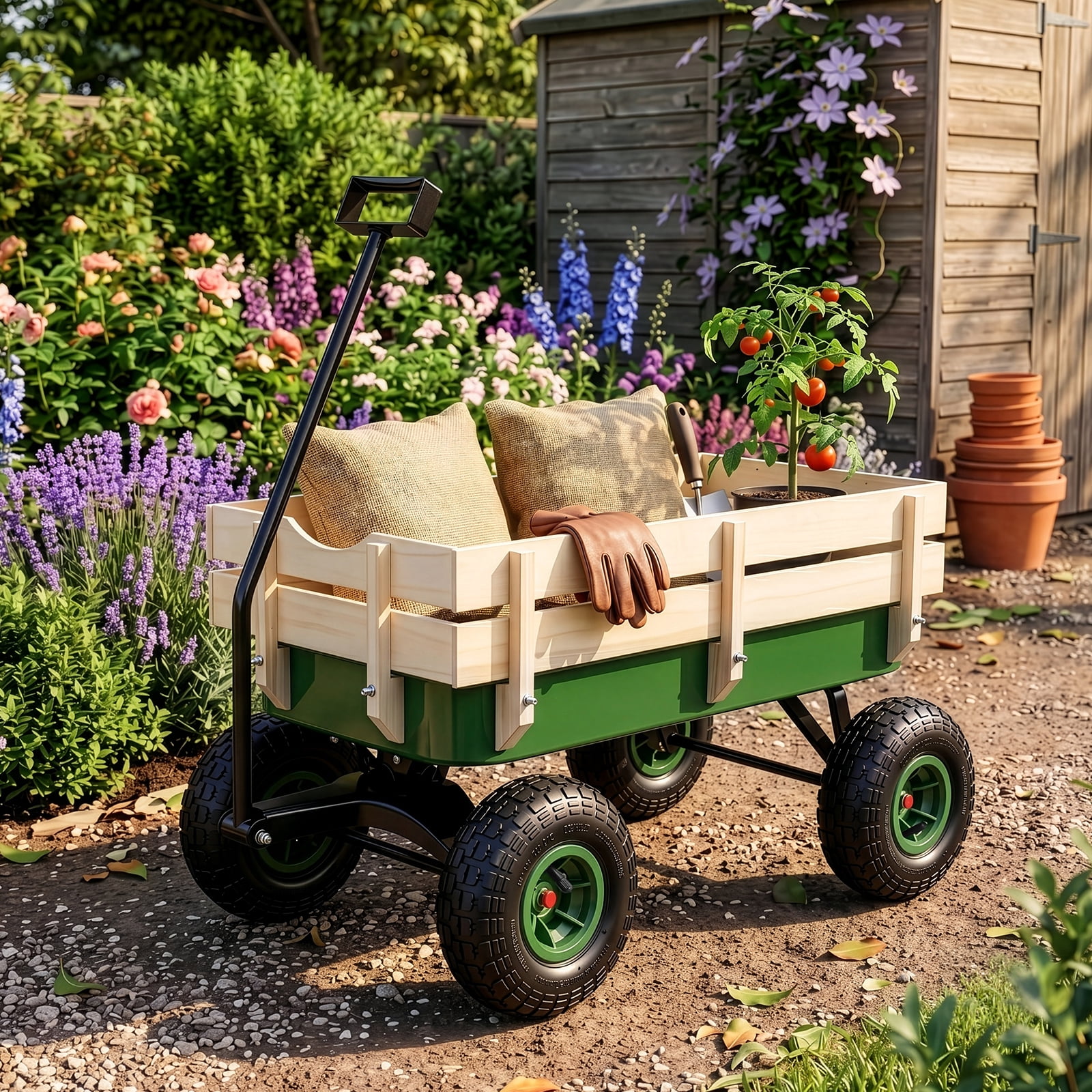 Side Support Cargo Wagon with 10" All-Terrain Air Tires, Up to 220lb Load Capacity, for Towing Kids Toys, Gardening Supplies, Green
