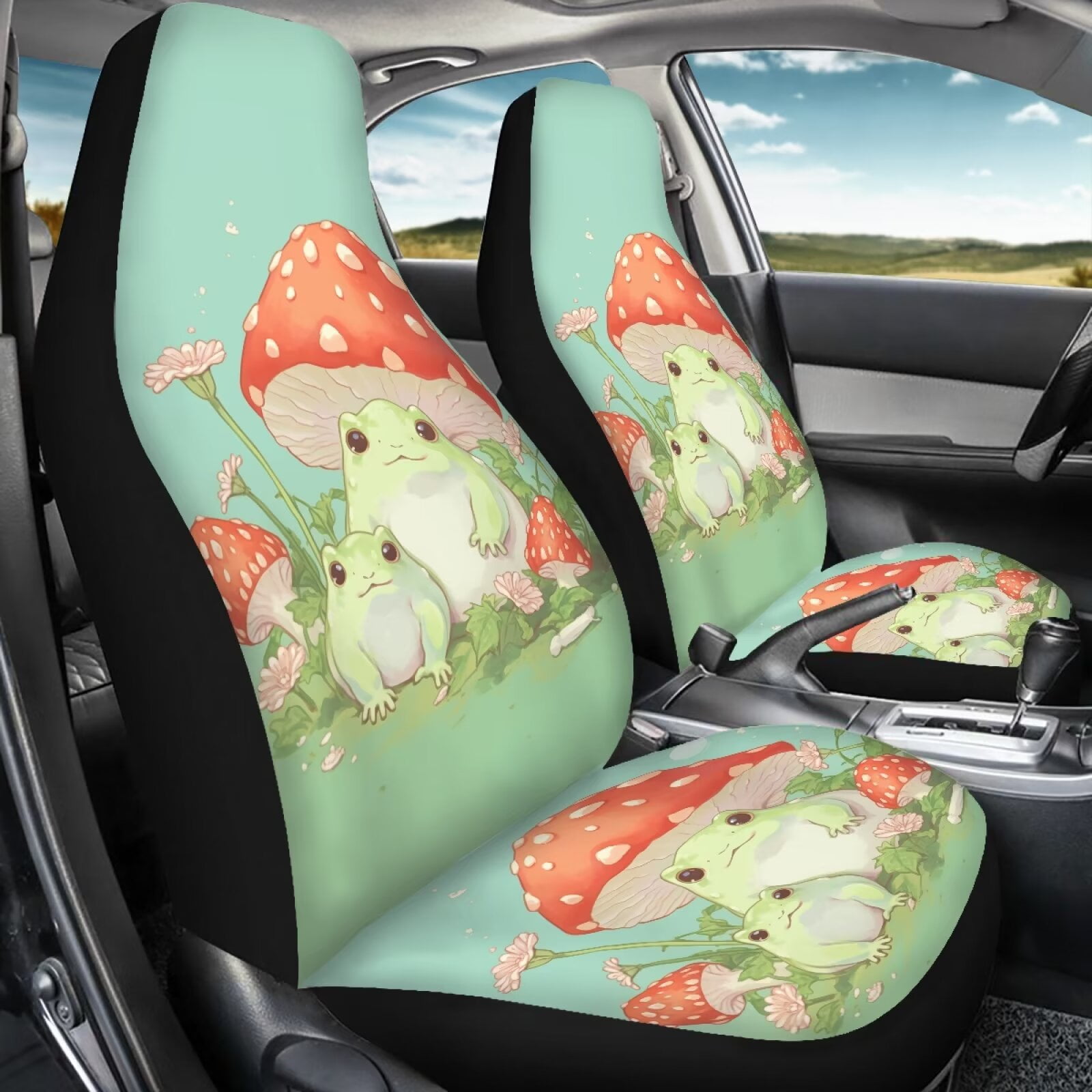 Uourmeti Cute Car Accessories for Women Girl Mushroom Frog Green Print Front Seat Car Covers Set of 2 Bucket Seat Protector Universal Fit Most Truck Suv Van Cars Vehicle Interior Decor