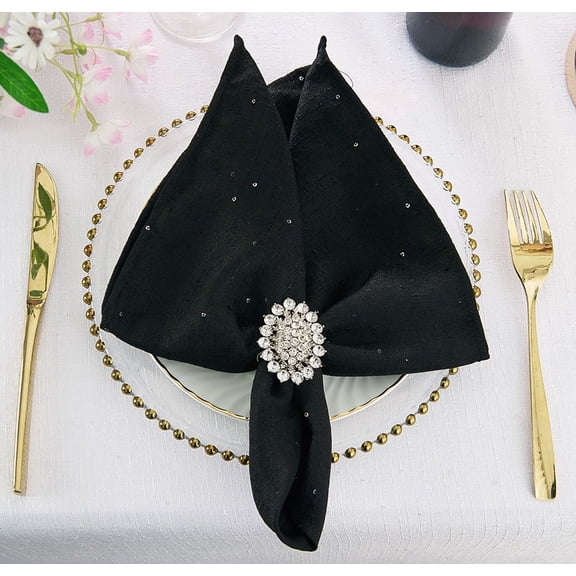 Wedding Linens Inc. (10 pcs) 20" x 20" Sequin Paillette Poly Flax / Burlap Napkins - Black