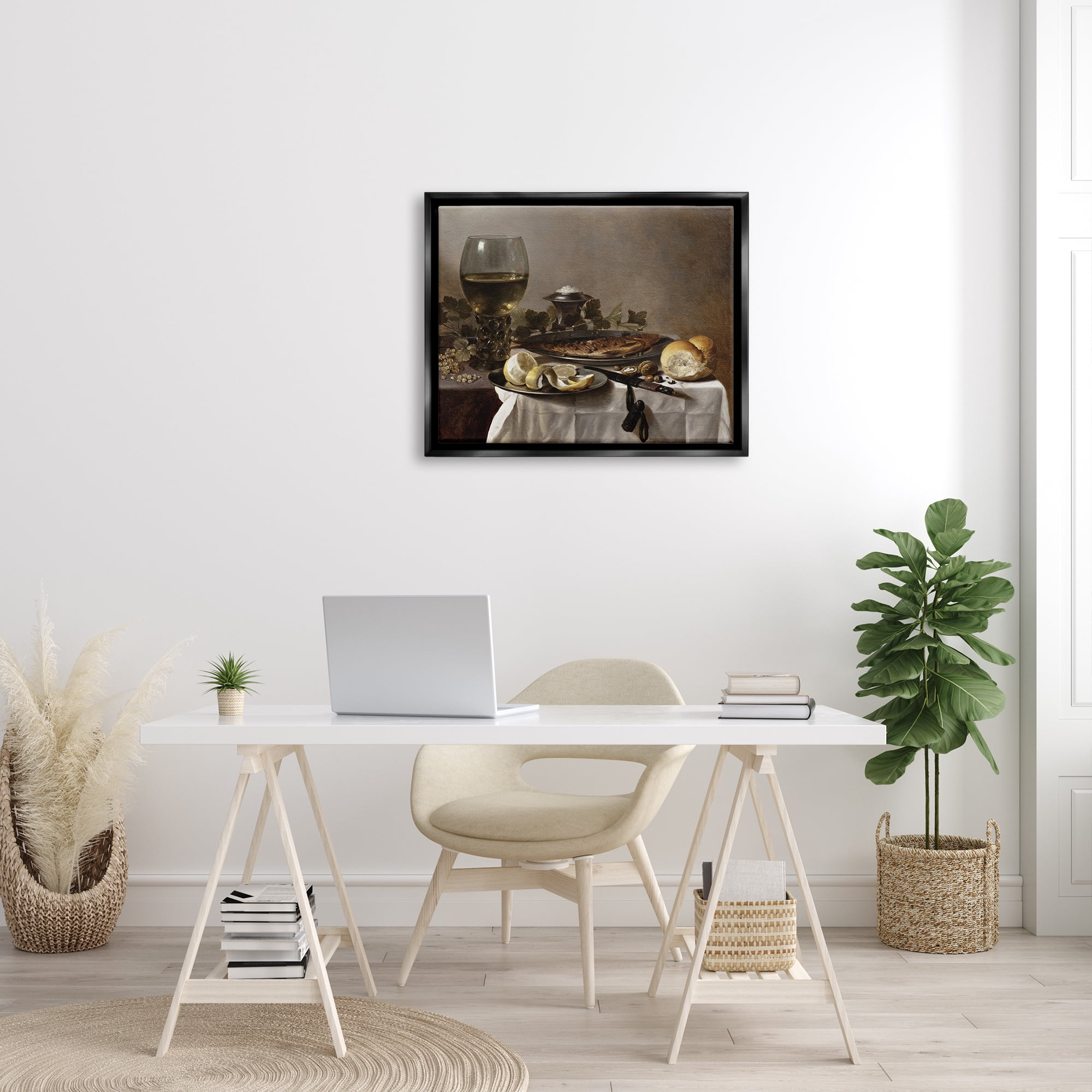Stupell Industries Still Life with Herring Wine and Bread Pieter Claesz Painting Painting Jet Black Floating Framed Canvas Print Wall Art, Design by one1000paintings