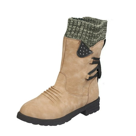 

nsendm Winter Walking Shoes Up Retro Boots Lace Calf Shoes Vintage Heels Casual Mid Thick High Snow Boots for Women Shoes Khaki 10