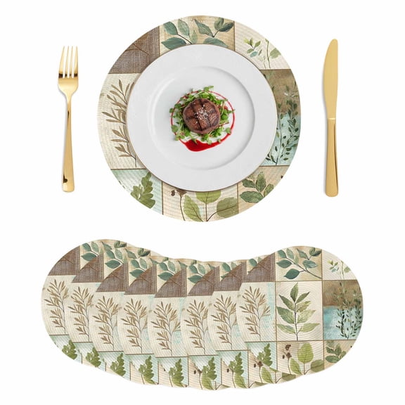 Vintage Leaves Round 13 Inch Placemats Set of 8, Tree Branch Plant Flower Texture HeatResistant Non Slip Place Mats for Dining Table, Wipeable Braided Kitchen Table Mats for Housewarming