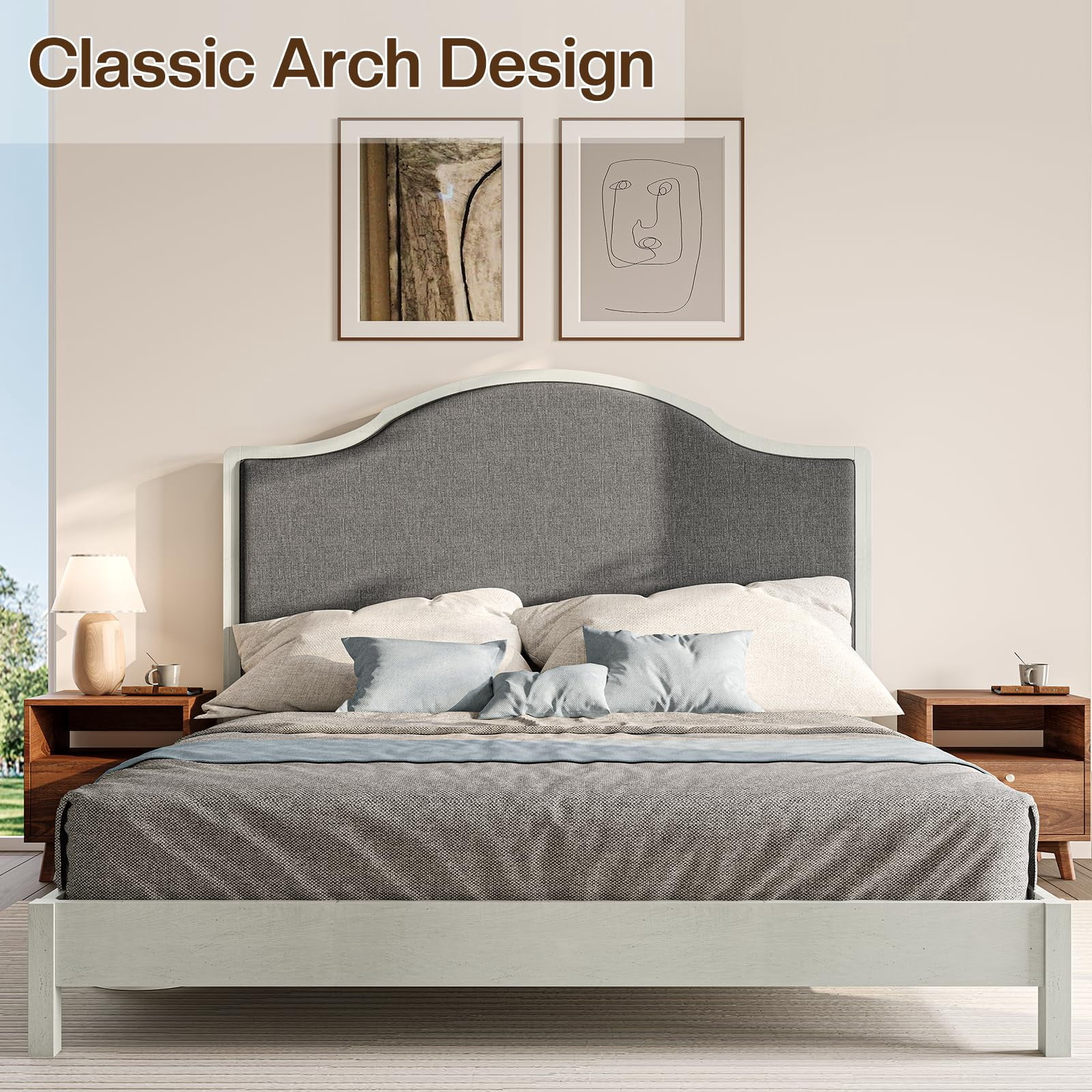 Merluxy Wooden Platform Bed Frame King with Upholstered Headboard Solid Wood Bed, No Box Spring Needed, White