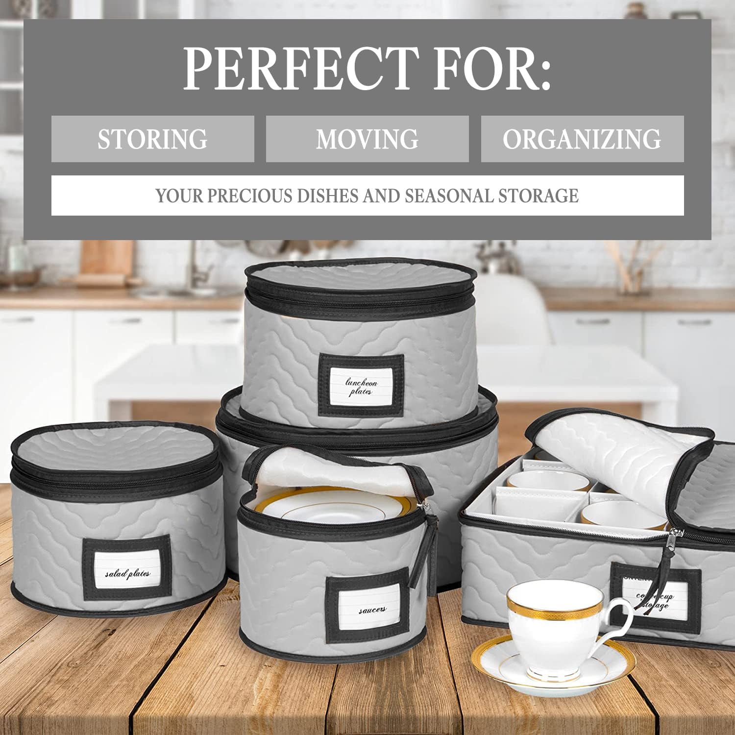 China Storage Containers 5-Piece Set Moving Boxes for Dinnerware, Glasses, Plates, Mugs and Saucers Sturdy Quilted Microfiber Dish Organizer with Dividers for Seasonal Storage - Holds Set of 12