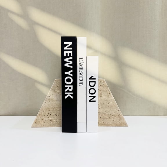 1 Piece Modern Travertine Bookend, Trapezoidal Design, Natural Stone Book Holders for Desk and Shelf