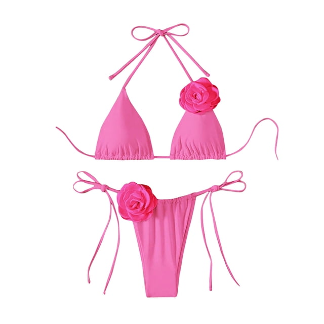 Traje de Baño de Mujer Rosa Bikini Traje de Baño de Dos Piezas con Correa de Espagueti, Ropa de Playa de Cintura Alta