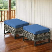 PARKWELL 2PCS Patio Rattan Ottoman Seat Foot Rest Side Table with Cushions for Indoor Outdoor,Blue